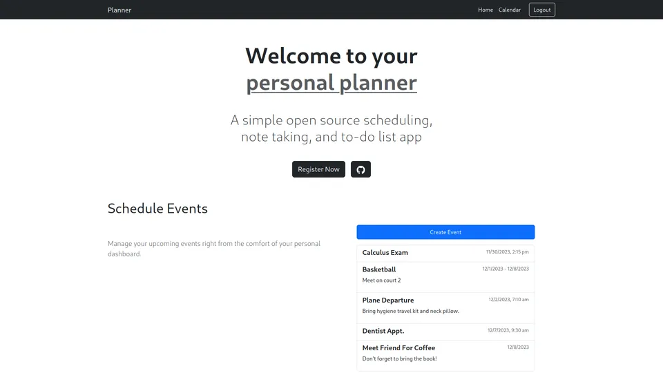 Screenshot of Fullstack Planner App's homepage.